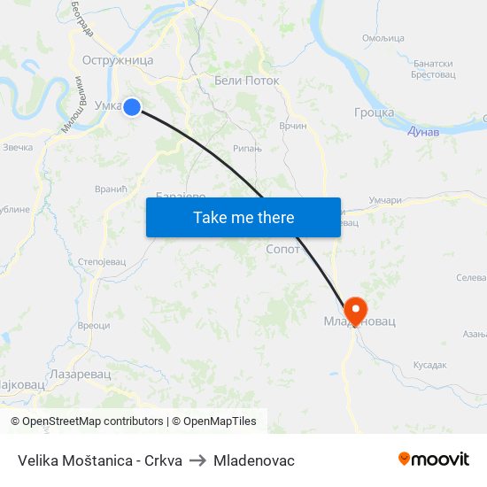 Velika Moštanica - Crkva to Mladenovac map