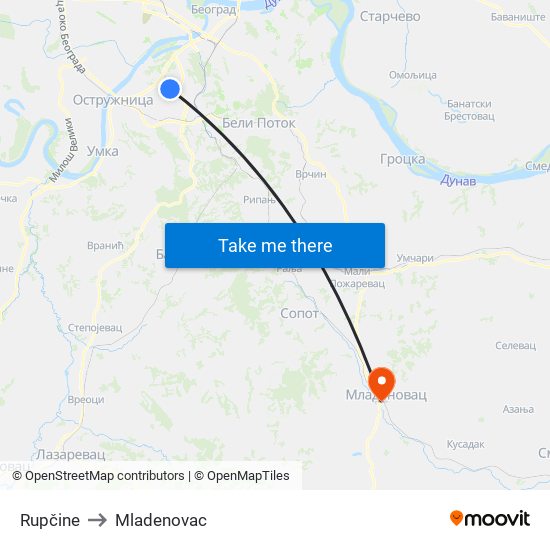 Rupčine to Mladenovac map