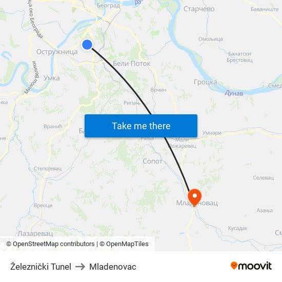 Železnički Tunel to Mladenovac map