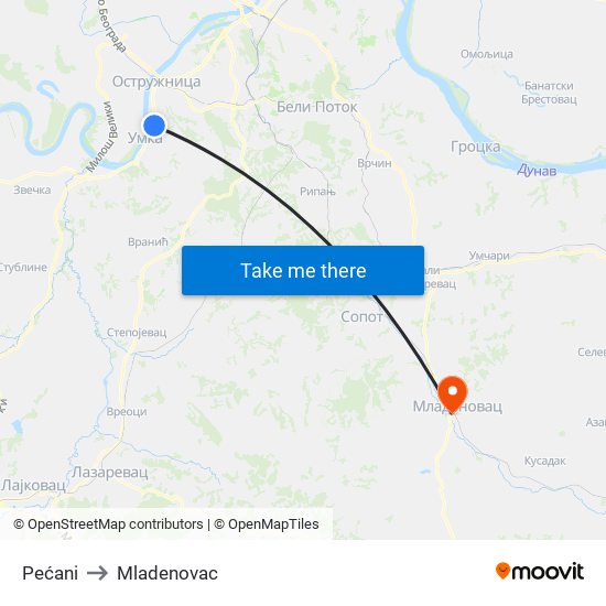 Pećani to Mladenovac map