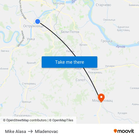 Mike Alasa to Mladenovac map