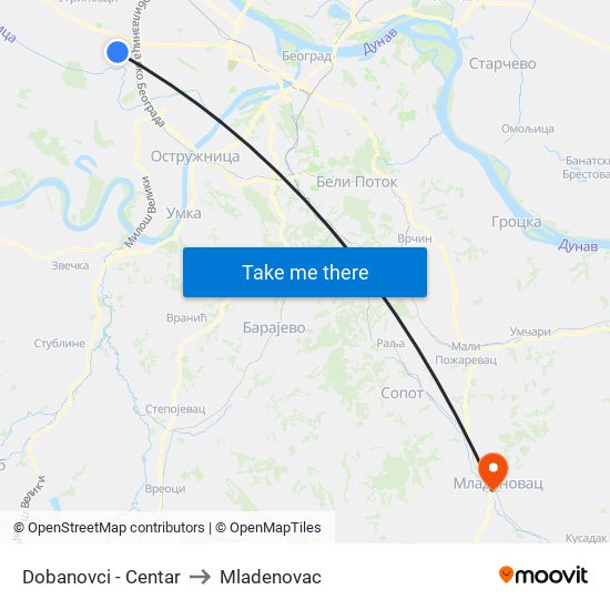 Dobanovci - Centar to Mladenovac map