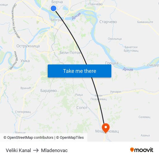 Veliki Kanal to Mladenovac map