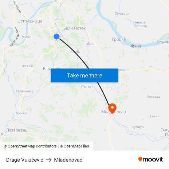 Drage Vukićević to Mladenovac map
