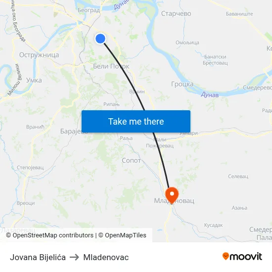 Jovan Bijelic to Mladenovac map
