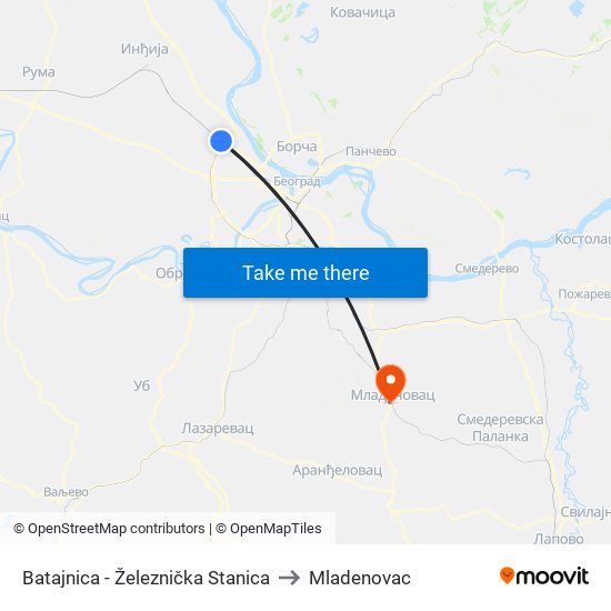 Batajnica - Železnička Stanica to Mladenovac map