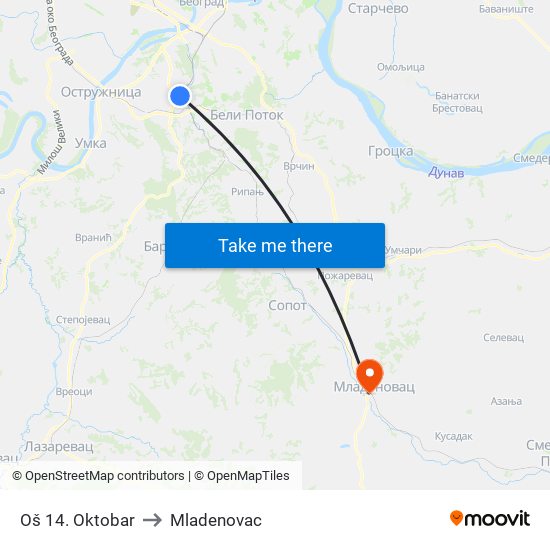 Oš 14. Oktobar to Mladenovac map