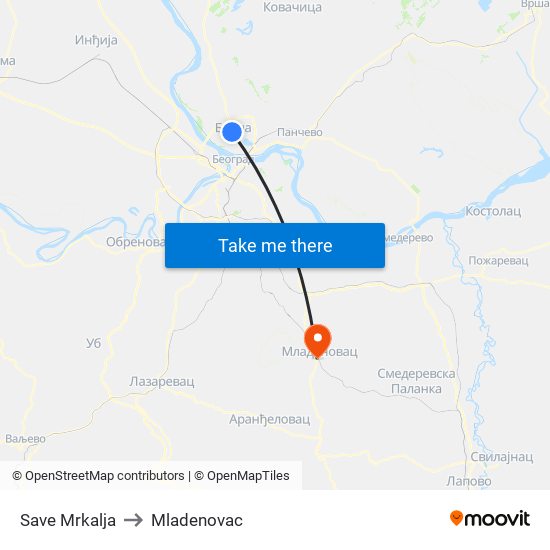 Save Mrkalja to Mladenovac map