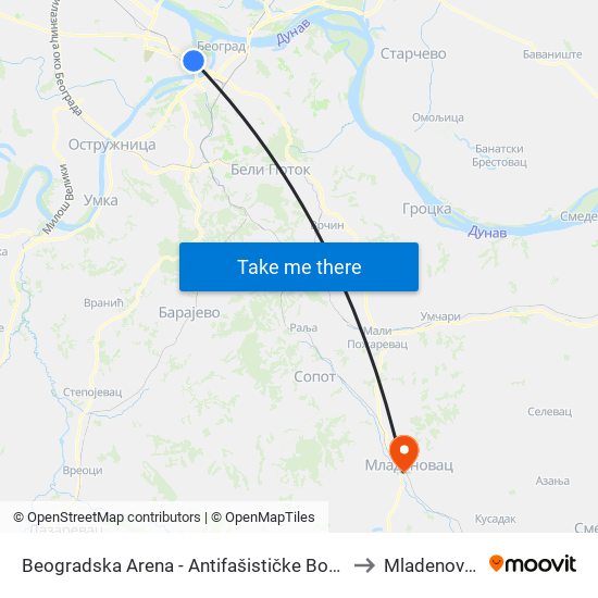 Beogradska Arena - Antifašističke Borbe to Mladenovac map