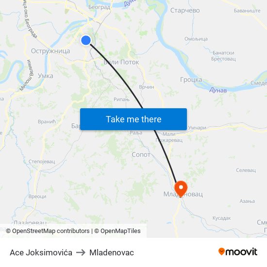 Аce Joksimovića to Mladenovac map