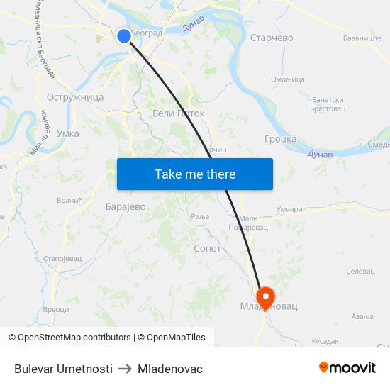 Bulevar Umetnosti to Mladenovac map
