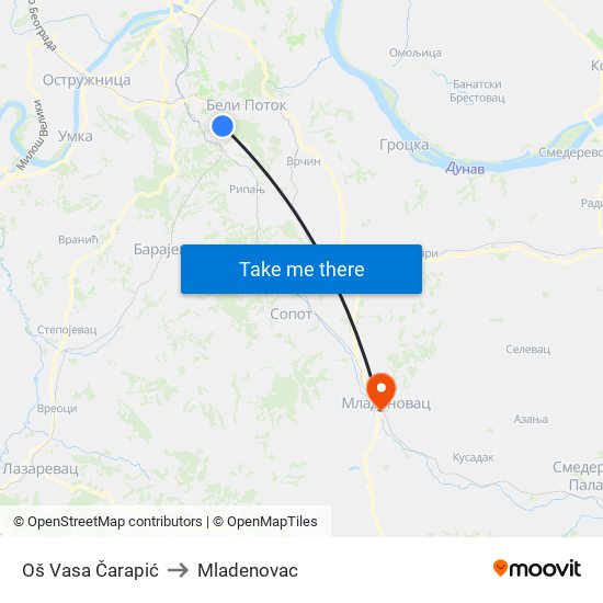 Oš Vasa Čarapić to Mladenovac map