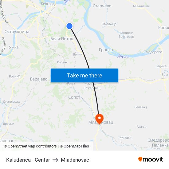 Kaluđerica - Centar to Mladenovac map