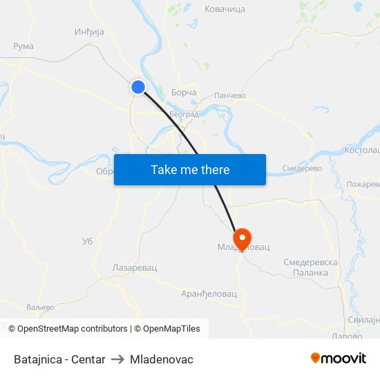 Batajnica - Centar to Mladenovac map
