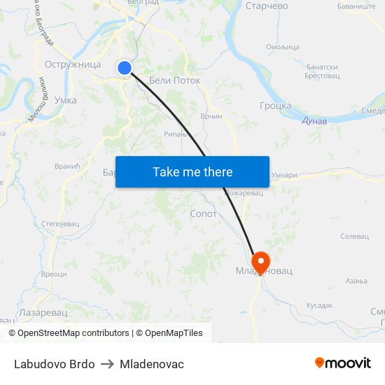 Labudovo Brdo to Mladenovac map