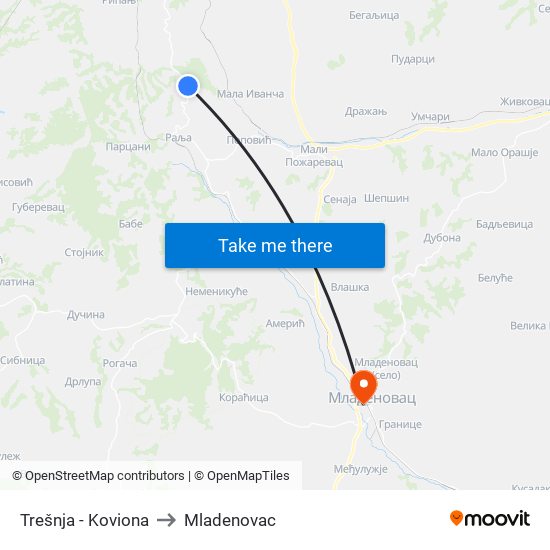 Trešnja - Koviona to Mladenovac map