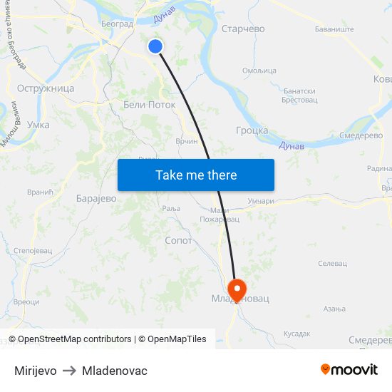 Mirijevo to Mladenovac map