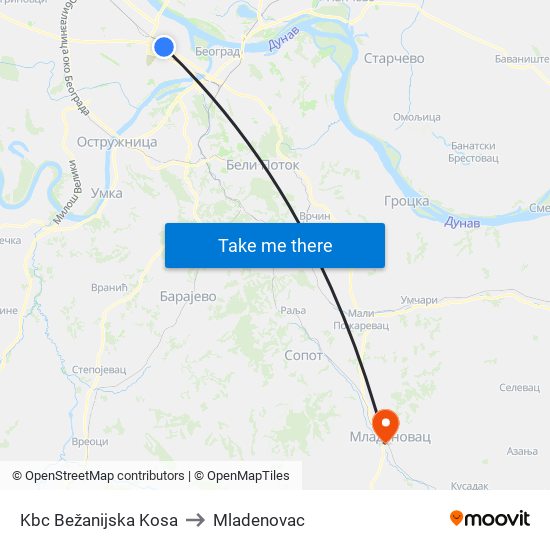 Kbc Bežanijska Kosa to Mladenovac map