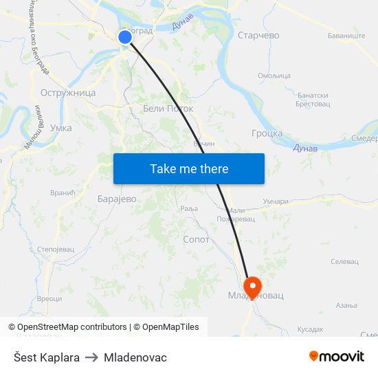 Šest Kaplara to Mladenovac map