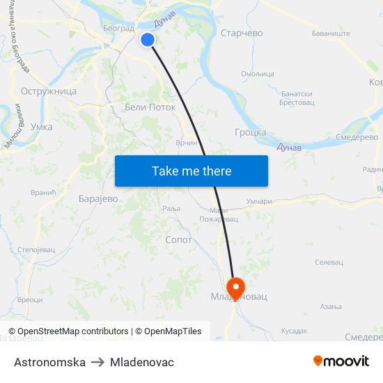 Astronomska to Mladenovac map