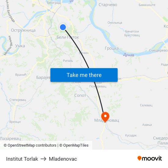 Institut Torlak to Mladenovac map