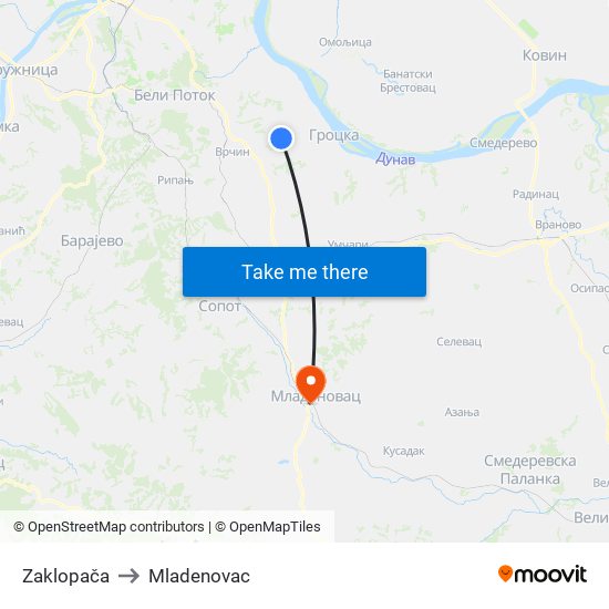 Zaklopača to Mladenovac map