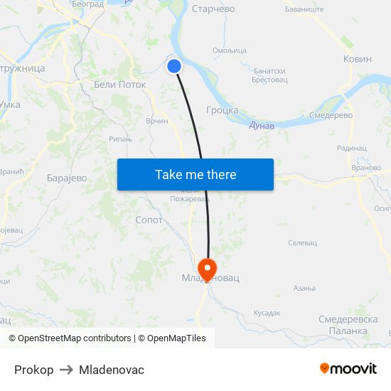 Prokop to Mladenovac map