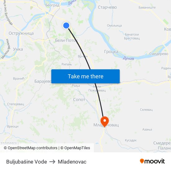 Buljubašine Vode to Mladenovac map