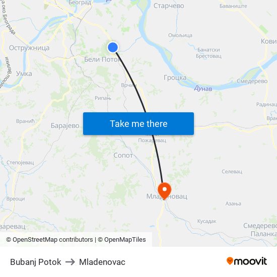 Bubanj Potok to Mladenovac map