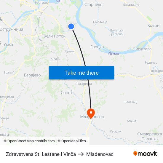 Zdravstvena St. Leštane I Vinča to Mladenovac map