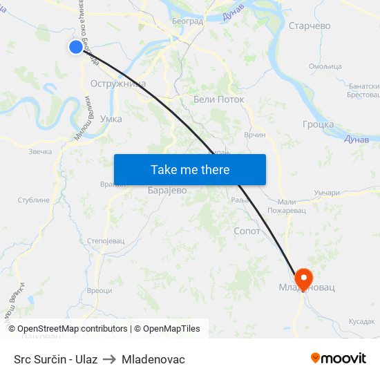 Src Surčin - Ulaz to Mladenovac map