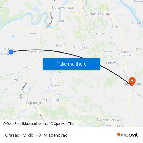 Orašac - Mikići to Mladenovac map