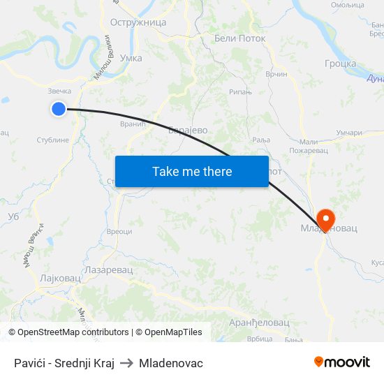 Pavići - Srednji Kraj to Mladenovac map