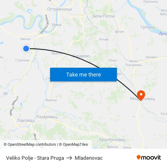 Veliko Polje - Stara Pruga to Mladenovac map