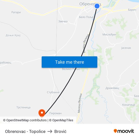 Obrenovac - Topolice to Brović map
