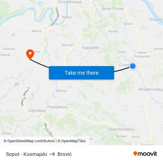 Sopot - Kosmajski to Brović map