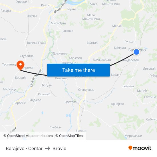 Barajevo - Centar to Brović map
