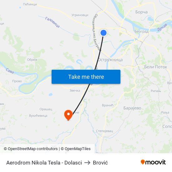 Aerodrom Nikola Tesla - Dolasci to Brović map