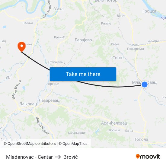 Mladenovac - Centar to Brović map