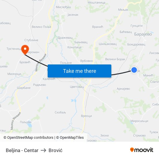 Beljina - Centar to Brović map
