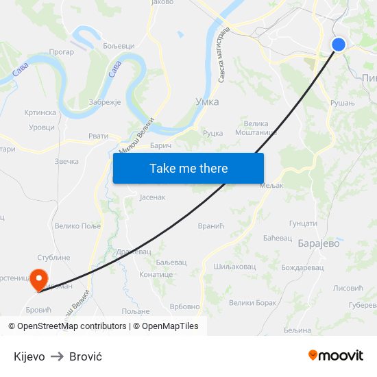 Kijevo to Brović map