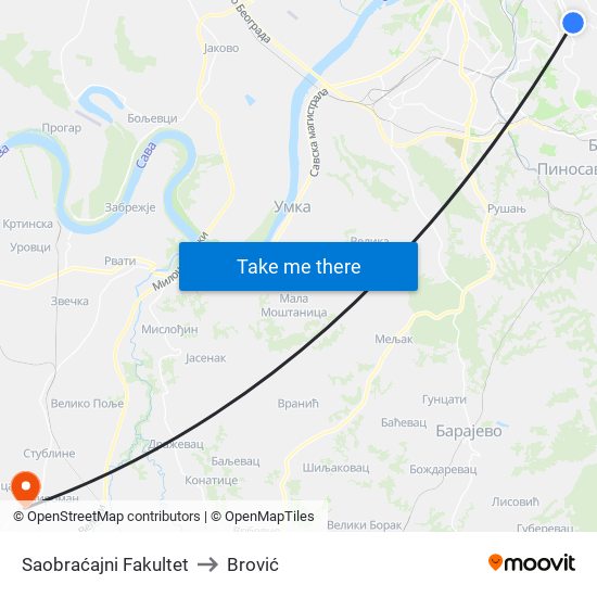 Saobraćajni Fakultet to Brović map