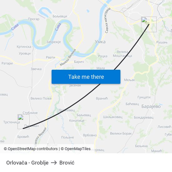 Orlovača - Groblje to Brović map