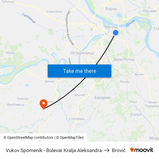 Vukov Spomenik - Bulevar Kralja Aleksandra to Brović map