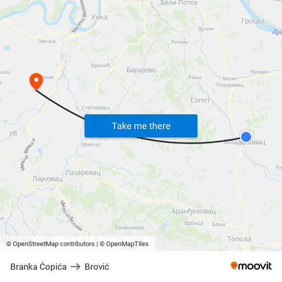 Branka Ćopića to Brović map