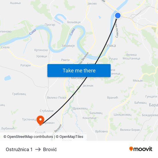 Ostružnica 1 to Brović map