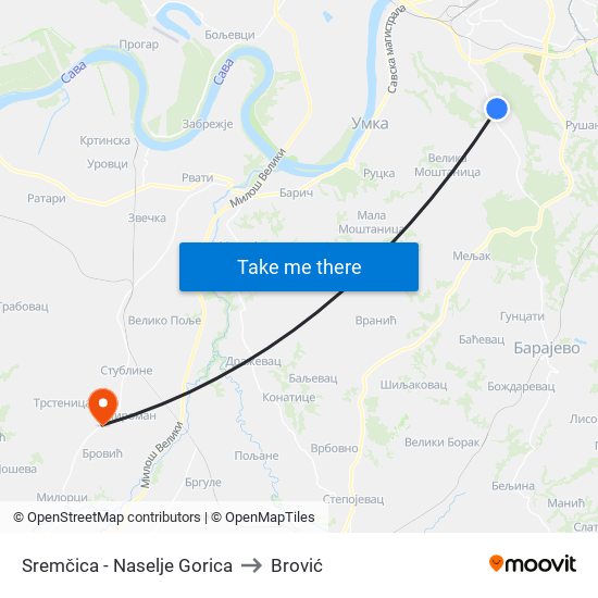 Sremčica - Naselje Gorica to Brović map