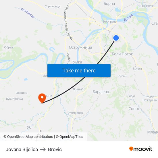 Jovana Bijelića to Brović map