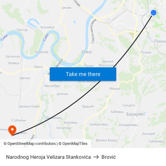 Narodnog Heroja Velizara Stankovića to Brović map