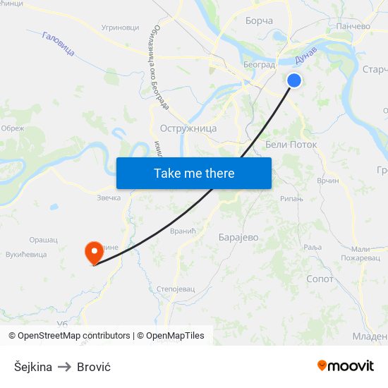 Šejkina to Brović map